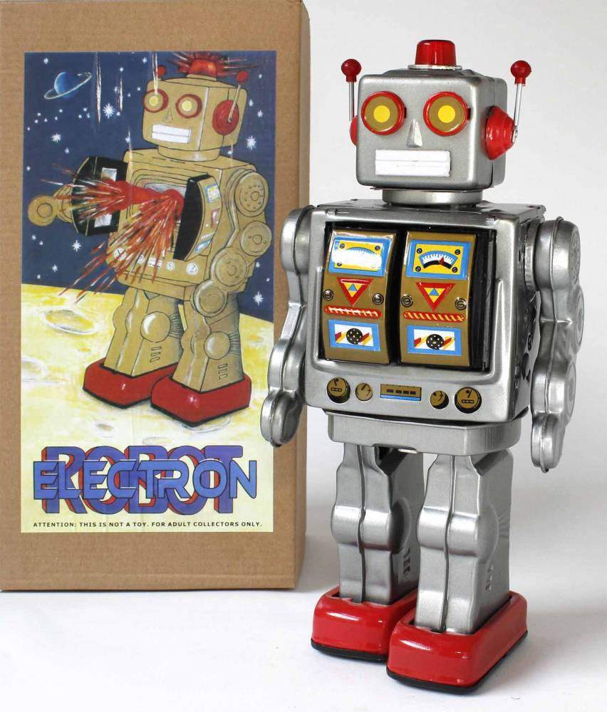 SILVER D-Cell Electron Robot Tin Toy Battery Operated ME100 Robot Mr