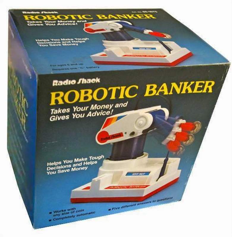 Robotic Banker Radio Shack White Robot Coin Advice Fortune Bank NEW IN BOX 