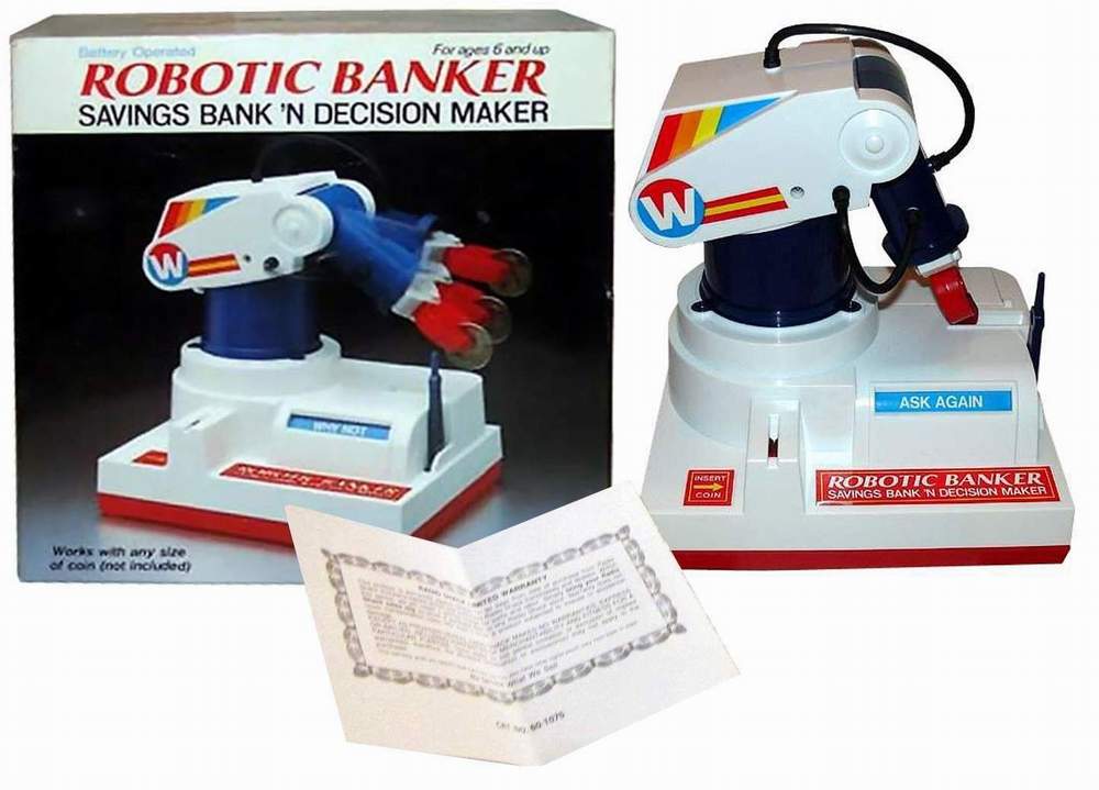 Details about   Robotic Banker Radio Shack White Robot Coin Advice Fortune Bank NEW IN BOX 