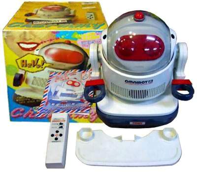 Omnibot Jr, Tomy Robots; These Robots are great. His eyes shine as he moves, the right eye shines when he turns right and the left one lights when he moves left. Press down either arm to have him talk. If he runs into something he changes direction. Pushing his bumper also makes him speak.